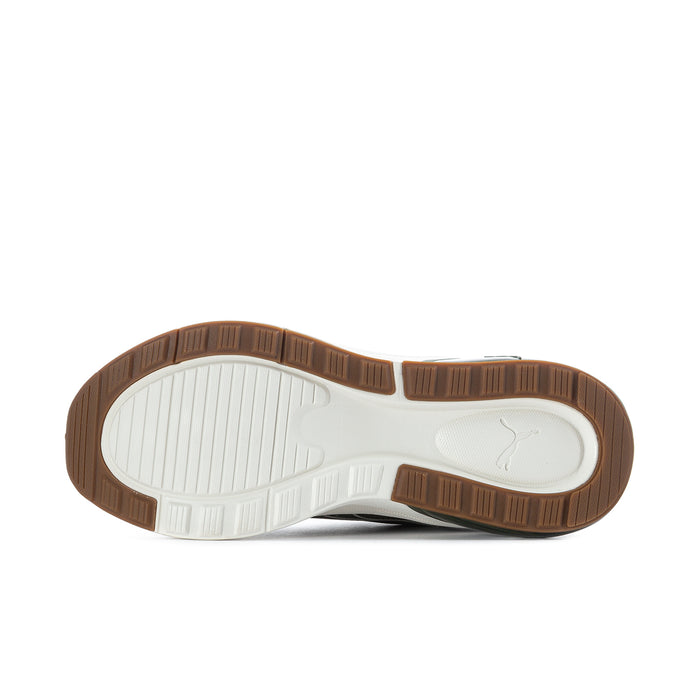 Men's Puma sneaker outsole view, white tread with brown rubber edges