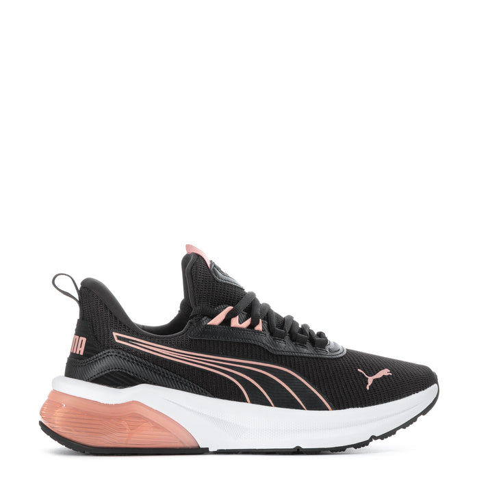 Women's black running sneaker with pink accents, lace-up, white sole, cushioned midsole.