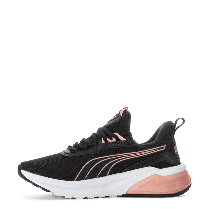 Women's black running sneaker side view, pink stripe detail, lace-up, white and tan sole.