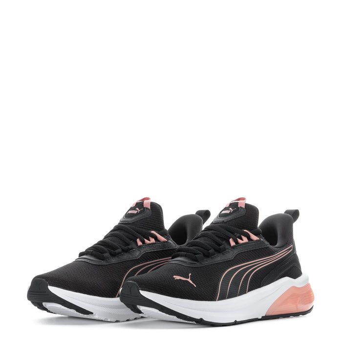 Women's black running sneakers, pink lace loops, mesh upper, white and tan midsole.