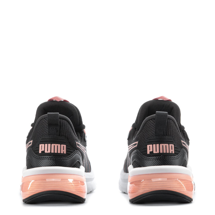 Women's black running sneakers back view, pink 'PUMA' heel detail, lace-up, white and tan soles.