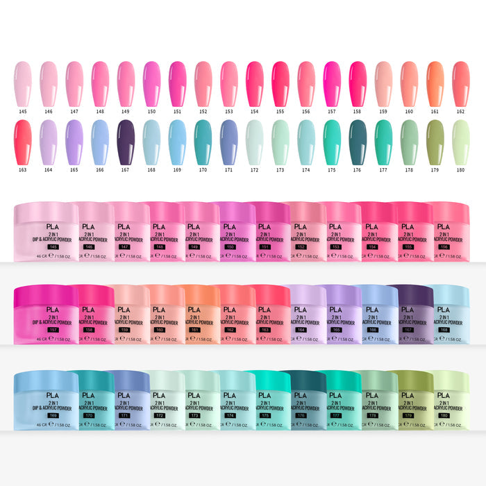 Assorted nail tip color swatches with corresponding jars on a white background
