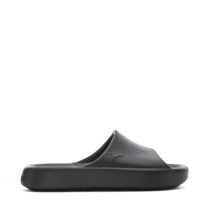 Youth slide sandals, black upper and footbed with cat logo