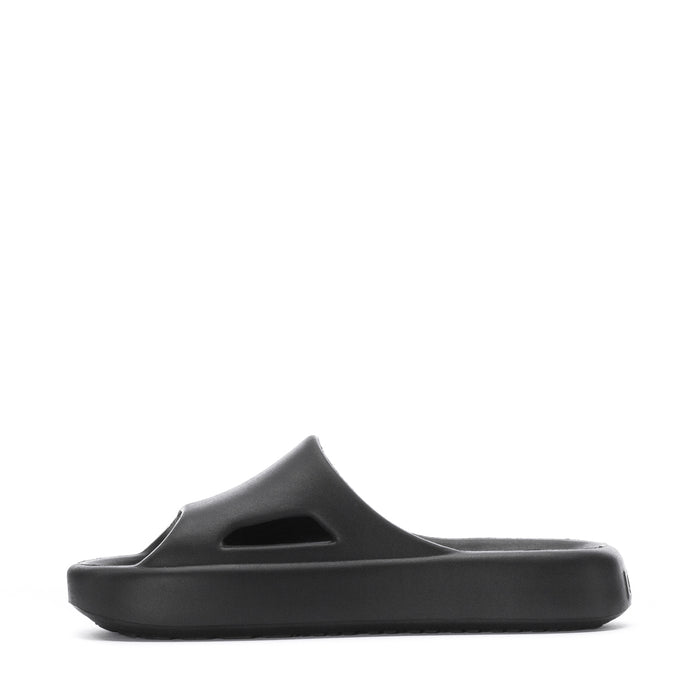 Youth slide sandals with arched cutout and cat logo, black