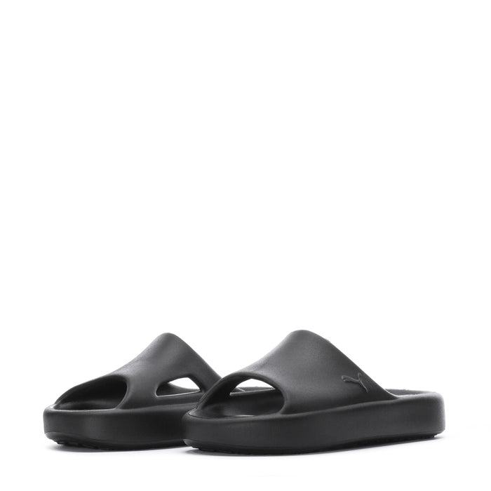 Pair of youth slide sandals with two cutout straps and cat logo, black