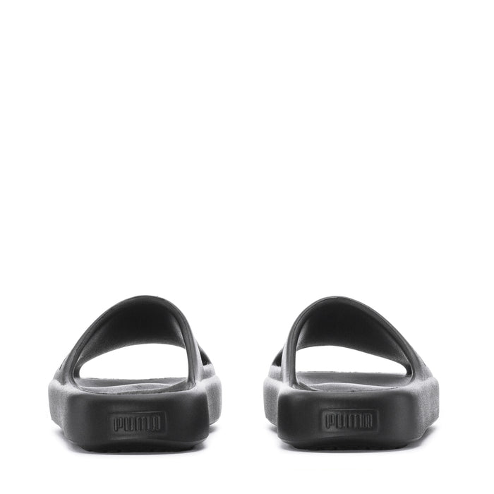 Youth slide sandals, back view with molded heel and embossed patch, black