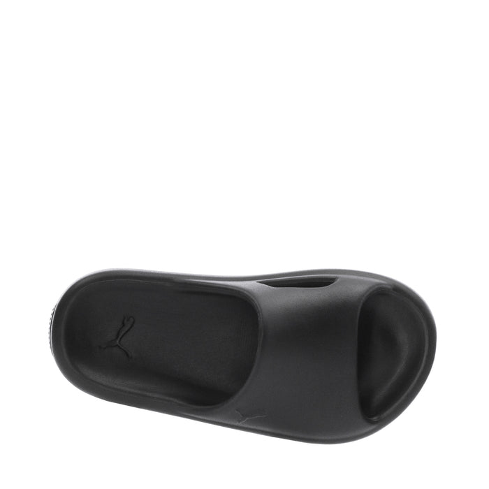 Youth slide sandal footbed view, black with cat logo