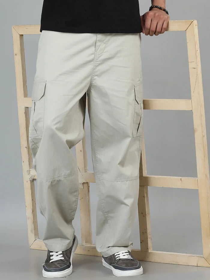 Silisoul Beige Loose Fit Cotton Mid-Rise Button Trousers