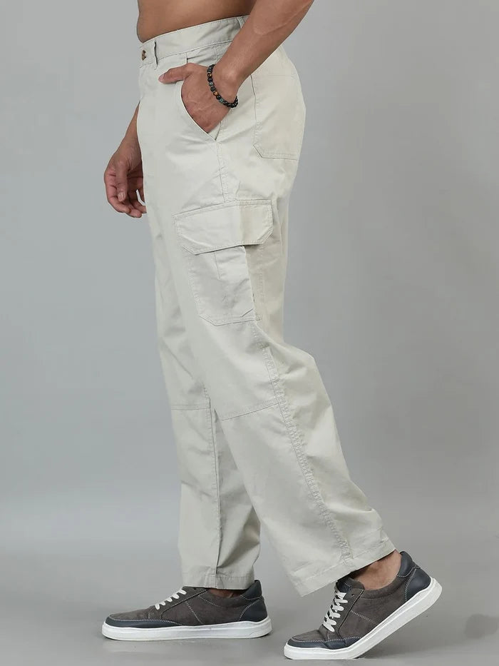 Silisoul Beige Loose Fit Cotton Mid-Rise Button Trousers