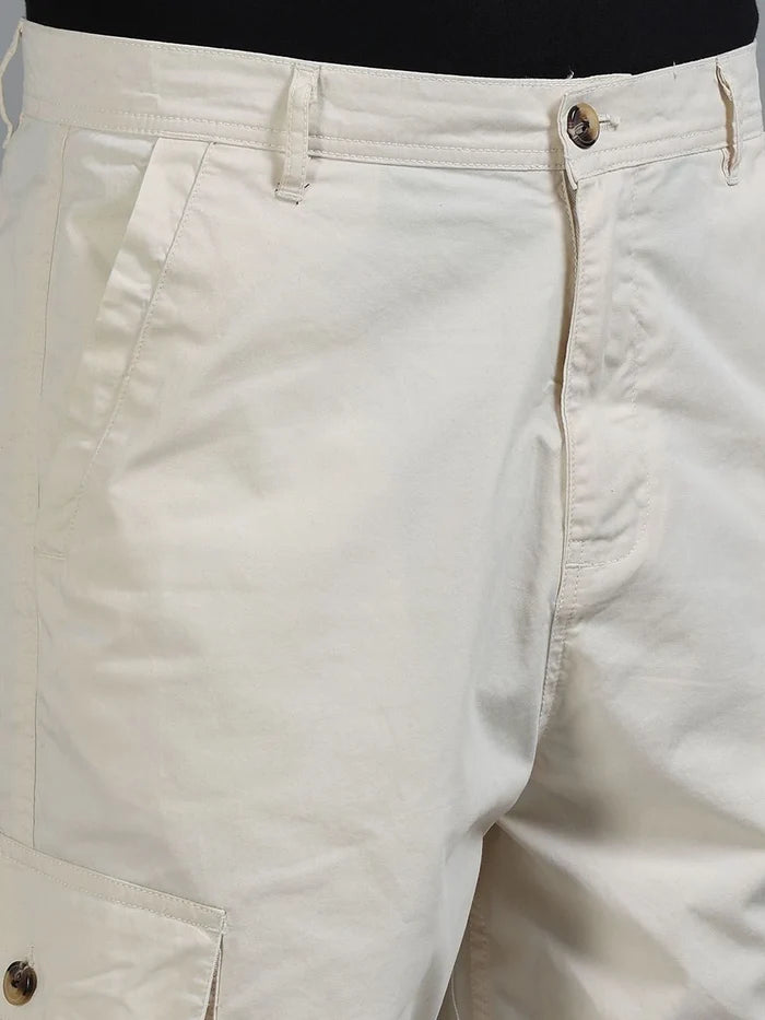 Silisoul Beige Loose Fit Cotton Mid-Rise Zip Woven Trousers