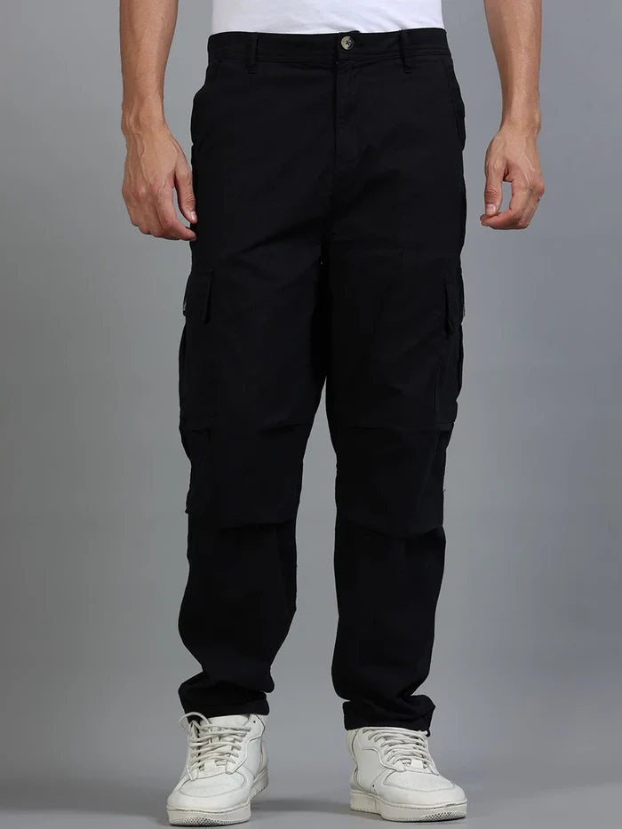 Silisoul Black Loose Fit Cotton Mid-Rise Button Woven Trousers