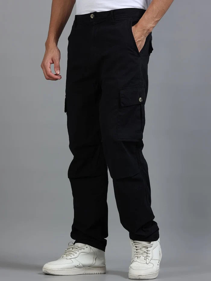 Silisoul Black Loose Fit Cotton Mid-Rise Button Woven Trousers