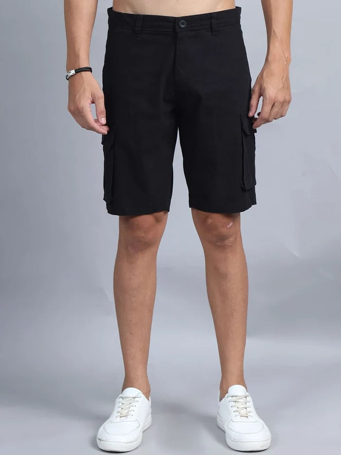 Silisoul Black Regular Fit Cotton Mid-Rise Button Above Knee Length Shorts