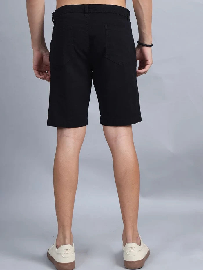 Silisoul Black Regular Fit Cotton Mid-Rise Button Casual Shorts