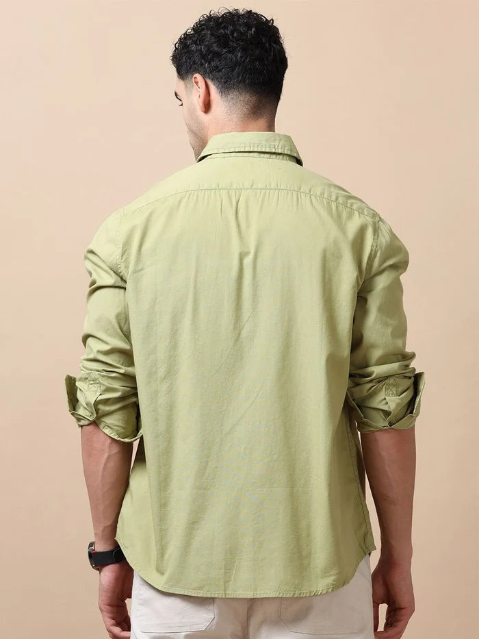 Silisoul Green Regular Fit Cotton Long Sleeves Spread Collar Curved Hem Shirt