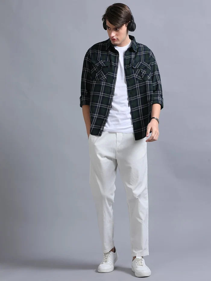 Silisoul Green Relaxed Fit Tartan Checks Print Cotton Shirt