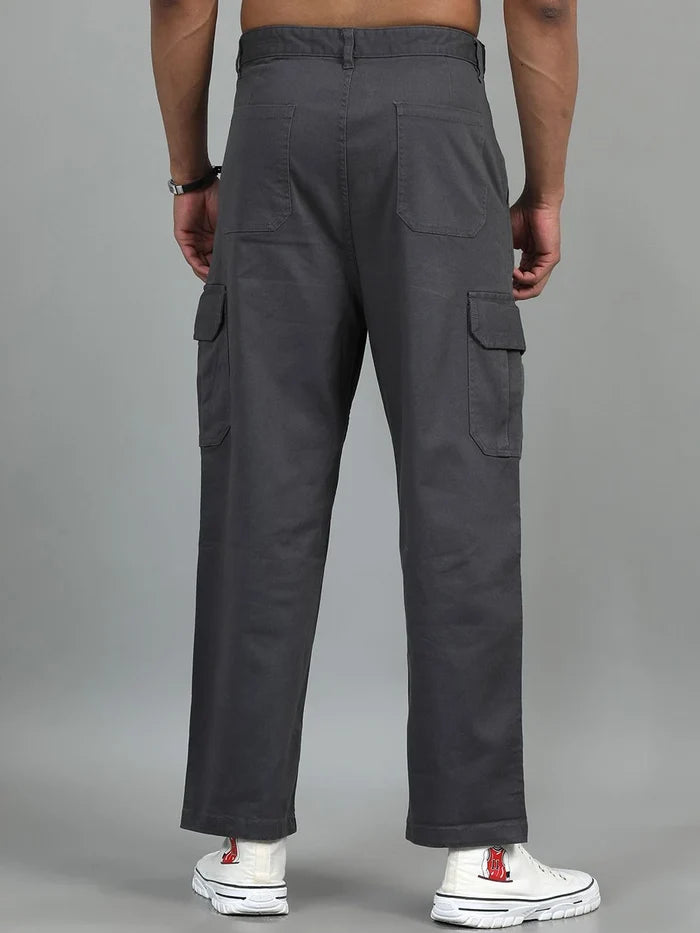 Silisoul Grey Loose Fit Cotton Mid-Rise Zip Woven Trousers