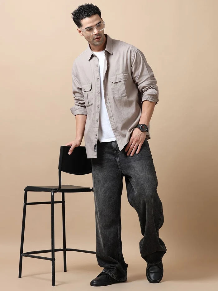 Silisoul Grey Relaxed Fit Cotton Long Sleeves Spread Collar Shirt