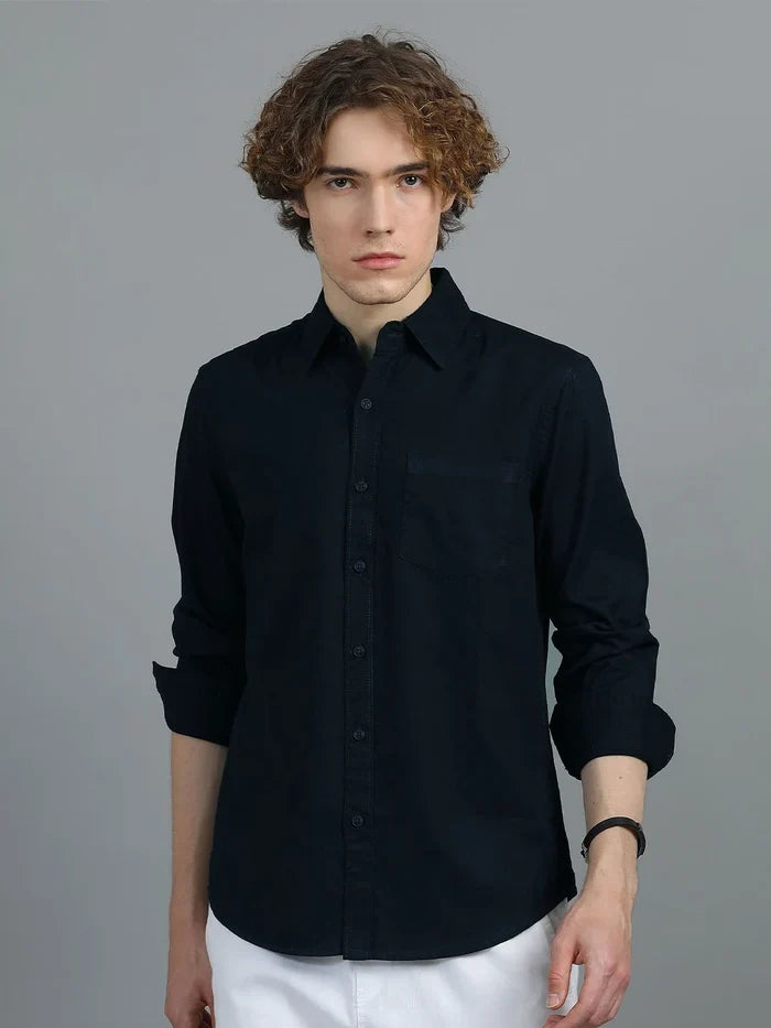 Silisoul Navy Blue Regular Fit Cotton Long Sleeves Spread Collar Shirt