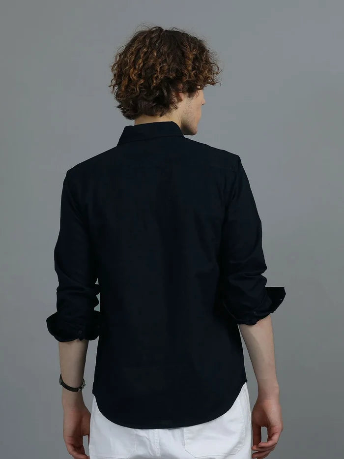 Silisoul Navy Blue Regular Fit Cotton Long Sleeves Spread Collar Shirt