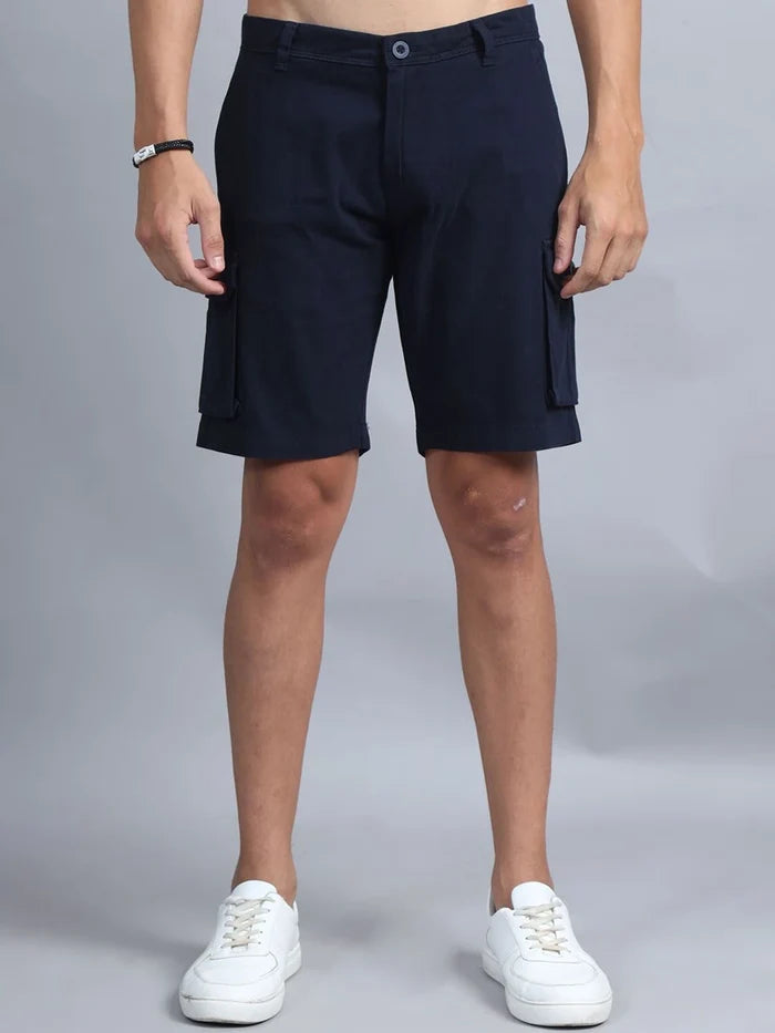 Silisoul Navy Blue Regular Fit Cotton Mid-Rise Button Above Knee Length Shorts