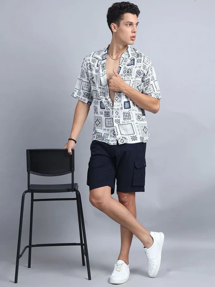 Silisoul Navy Blue Regular Fit Cotton Mid-Rise Button Above Knee Length Shorts