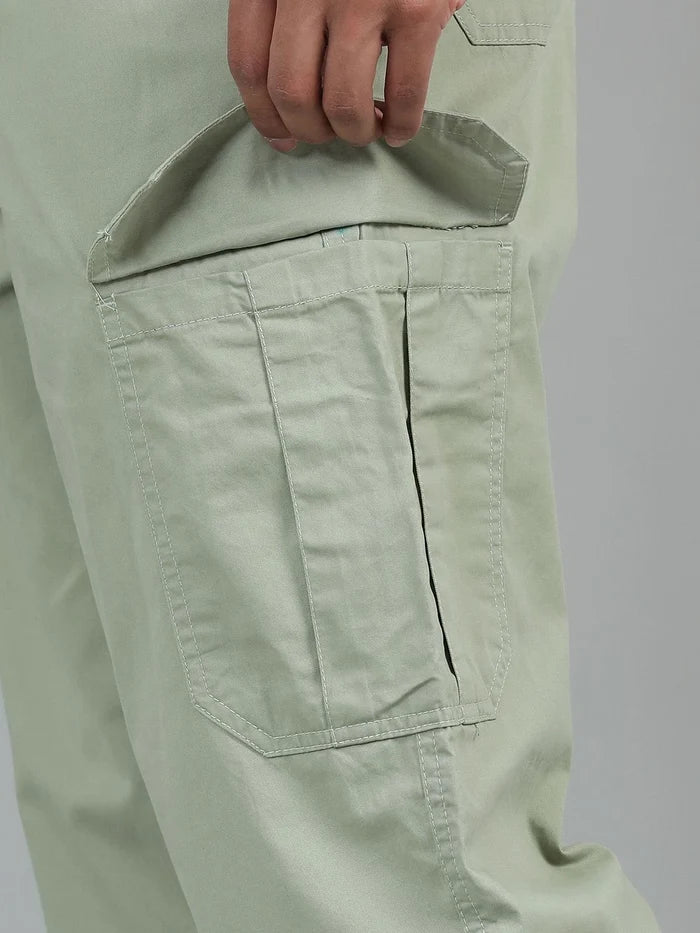 Silisoul Olive Loose Fit Cotton Mid-Rise Button Zip Fly Trousers