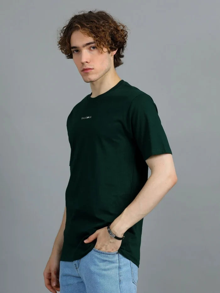 Silisoul Olive Regular Fit Brand Logo Print Cotton T-Shirt