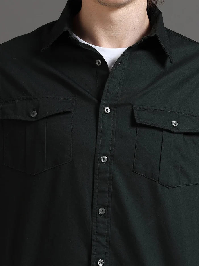 Silisoul Olive Relaxed Fit Cotton Long Sleeves Spread Collar Shirt