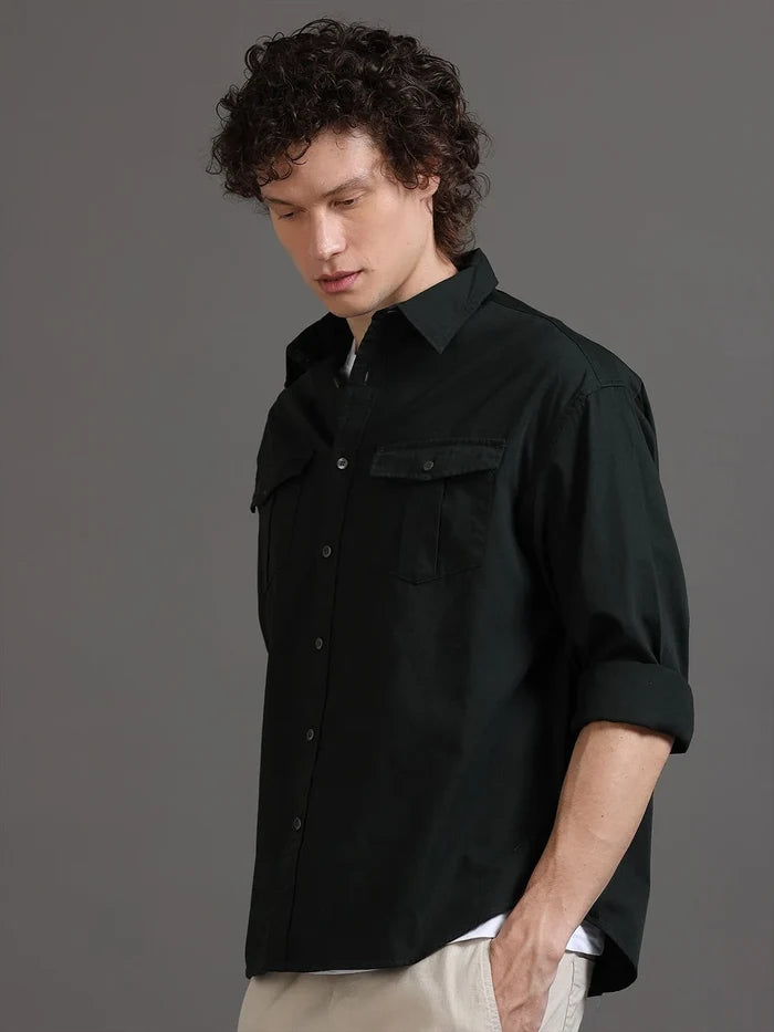 Silisoul Olive Relaxed Fit Cotton Long Sleeves Spread Collar Shirt