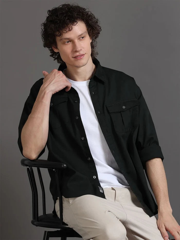 Silisoul Olive Relaxed Fit Cotton Long Sleeves Spread Collar Shirt