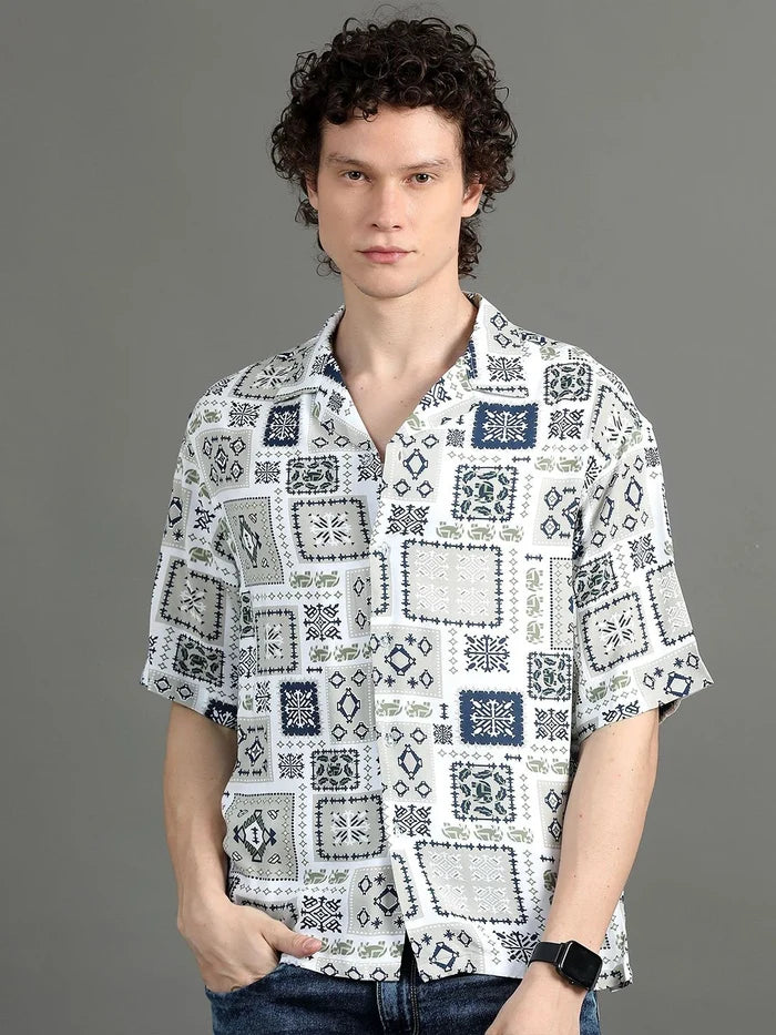 Silisoul White Oversized Fit Abstract Print Viscose Rayon Shirt