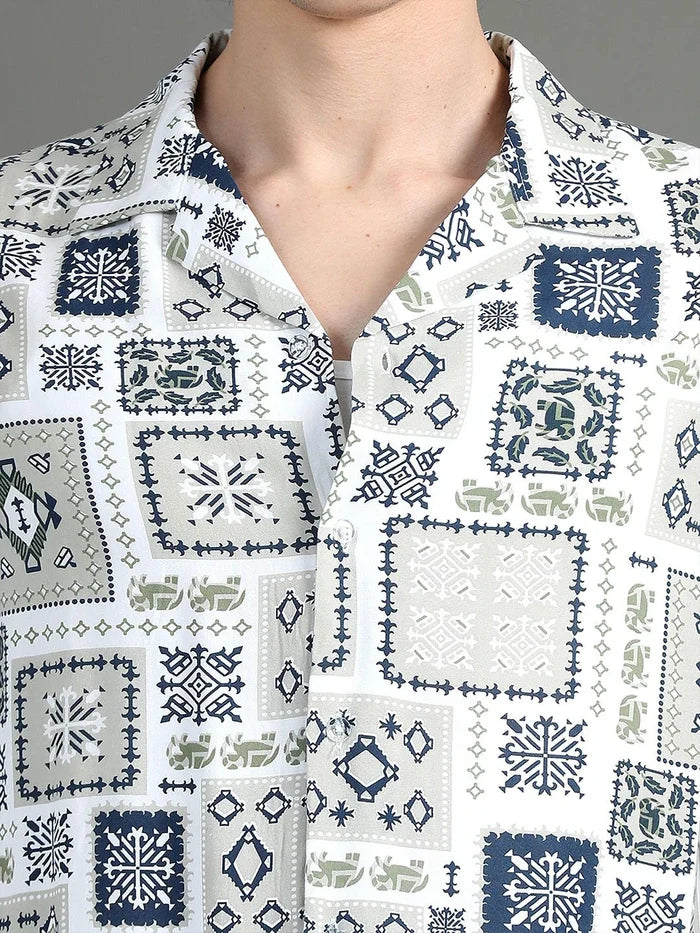 Silisoul White Oversized Fit Abstract Print Viscose Rayon Shirt