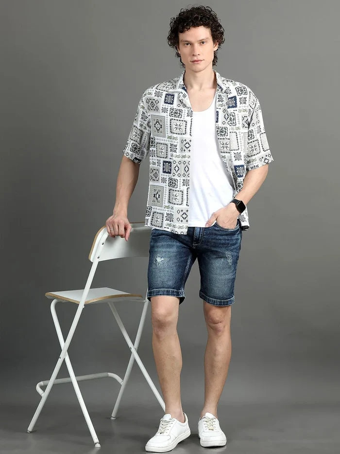 Silisoul White Oversized Fit Abstract Print Viscose Rayon Shirt