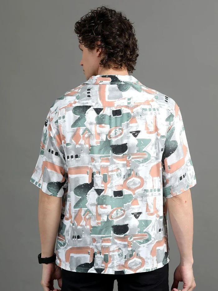Silisoul White Oversized Fit Abstract Print Viscose Rayon Short Sleeves Shirt