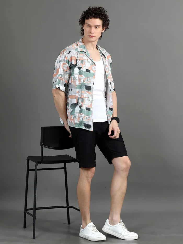 Silisoul White Oversized Fit Abstract Print Viscose Rayon Short Sleeves Shirt