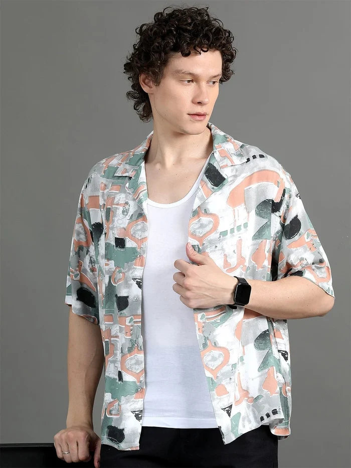 Silisoul White Oversized Fit Abstract Print Viscose Rayon Short Sleeves Shirt
