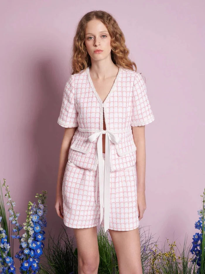 Sister Jane DREAM - Wildflower Tweed Tie Top - White Check - Tops - TO591WHT