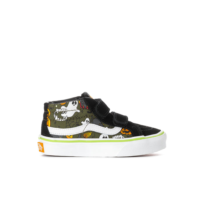 Kids mid-top sneakers in black with Halloween graphic panels, Velcro strap, white sole.