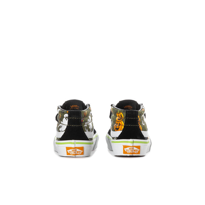 Kids mid-top sneakers back view, black heel with white panel and Halloween graphic branding.