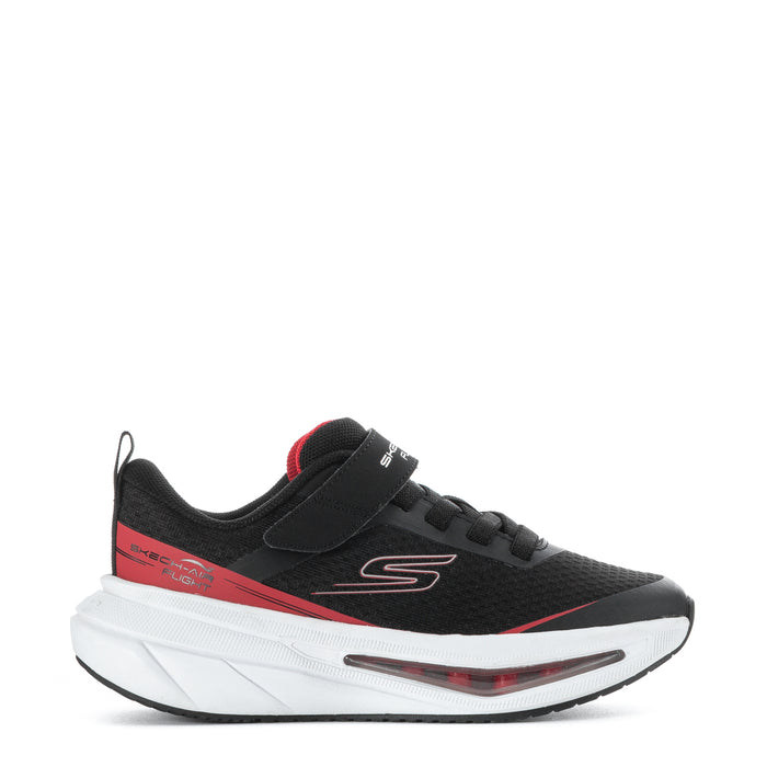 Kids black lace-up running shoes with red accents and white cushioned sole