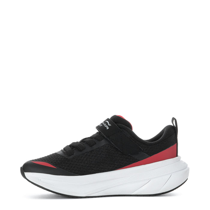 Kids black lace-up sneaker with red side stripe, white sole, and S logo