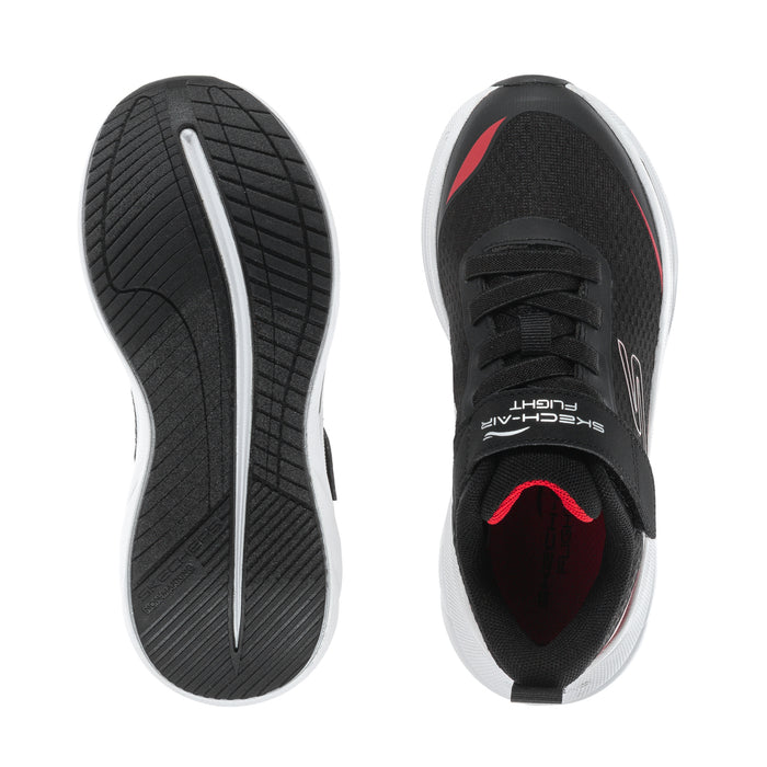 Kids black sneaker outsole and inner view with red lining and white edge