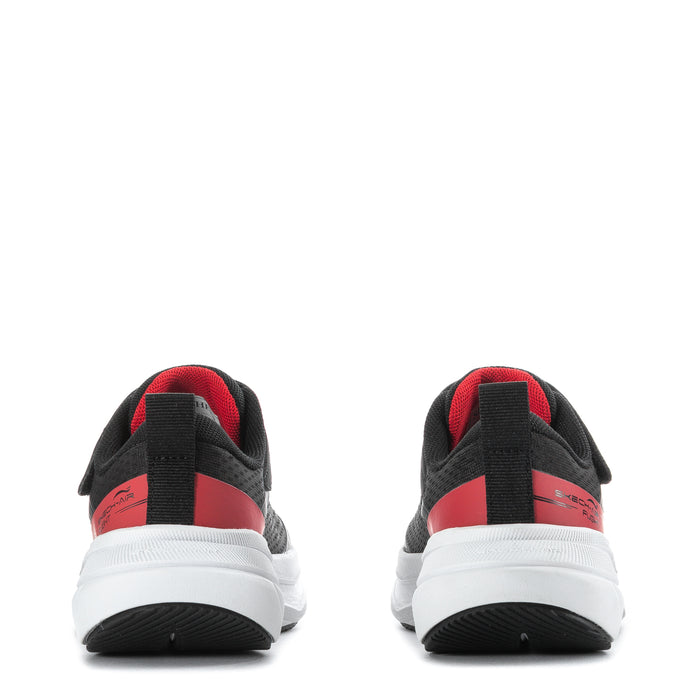 Kids black sneakers with red heel panel and white sole, back view