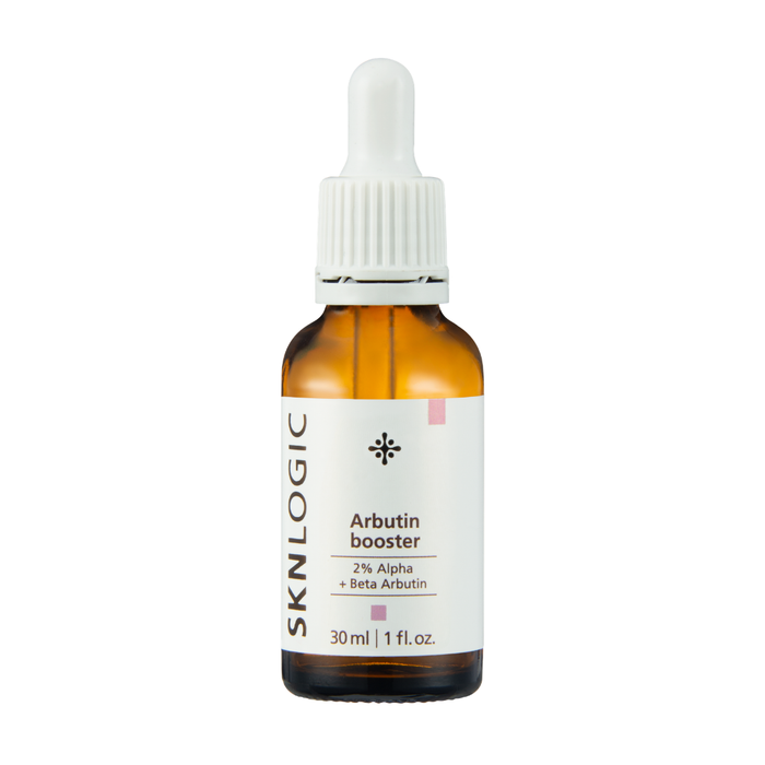 SKN142 SKNLOGIC Arbutin Booster Serum 30ml  |A 30 ml amber glass dropper bottle of SKNLOGIC Arbutin booster serum with a white cap and white label, set against a plain white background.