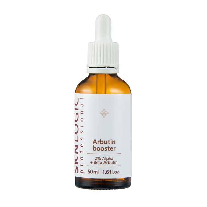 SKN143 SKNLOGIC Arbutin Booster Serum 50ml | A 50 ml amber glass dropper bottle of SKINLOGIC Professional Arbutin Booster, featuring a white label and white dropper cap on a solid white background.