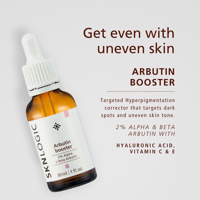 SKN142 SKNLOGIC Arbutin Booster Serum 30ml | A 30 ml amber glass dropper bottle of SKNLOGIC Arbutin Booster with a white cap and white label, shown next to product text on a light gray background.