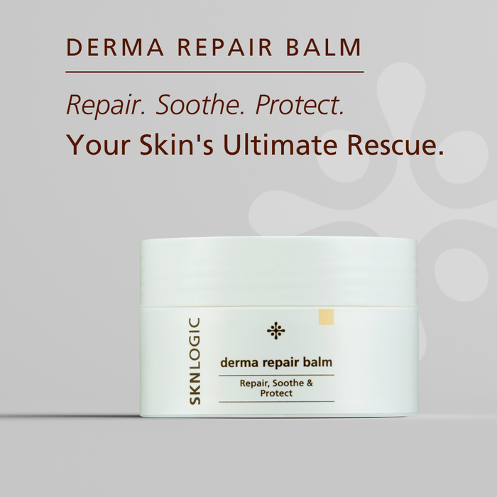 SKN144 SKNLOGIC Derma Repair Balm | A white jar of SKINLOGIC derma repair balm centered on a light gray background with dark brown text above reading 'DERMA REPAIR BALM' and 'Repair. Soothe.