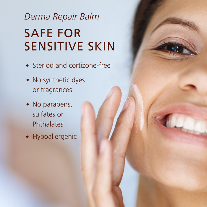 SKN144 SKNLOGIC Derma Repair Balm | Promotional skincare graphic for Derma Repair Balm. Text on the left reads 'SAFE FOR SENSITIVE SKIN' with bullet points about being steroid and cortisone-free, having no synthetic dyes or fragrances, and being hypoallergenic.