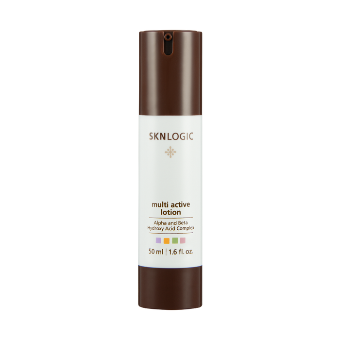 SKN088 SKNLOGIC Multi Active Lotion 50ml Alpha and Beta Hydroxy Acid Complex | A 50 ml bottle of SKNLOGIC Multi Active Lotion, featuring a white label with brown caps on a solid white background.